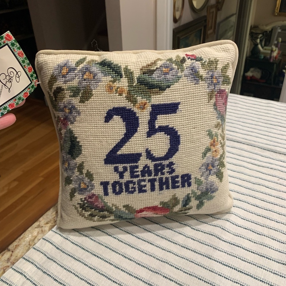 NWT Floral Needlepoint 25 Years Together Pillow